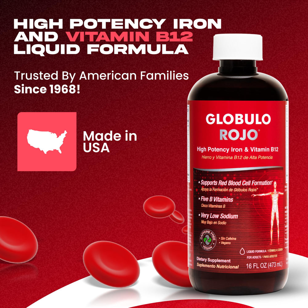 Close-up of Globulo Rojo label highlighting vegan iron and B vitamins