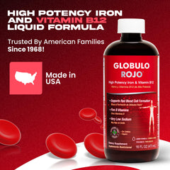 Close-up of Globulo Rojo label highlighting vegan iron and B vitamins
