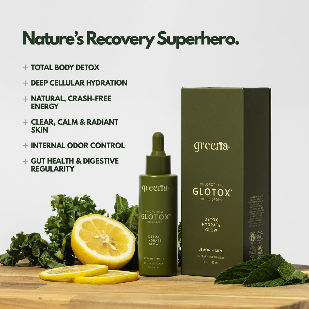 Ingredients panel and bottle label of GLOTOX Chlorophyll Liquid Drops