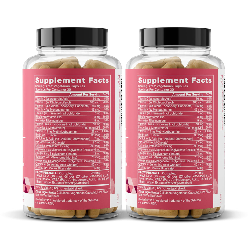 Vegan and gluten-free labeling on Glow Prenatal Vitamins packaging