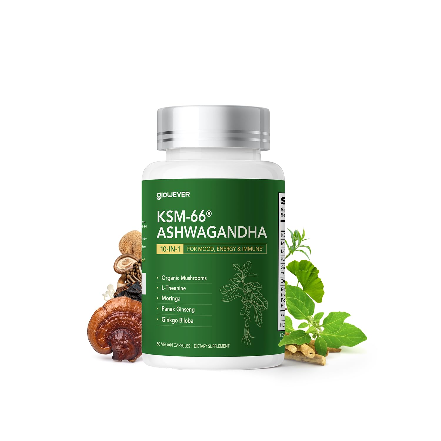 GlowEver bottle label showing KSM-66 Ashwagandha and mushroom complex