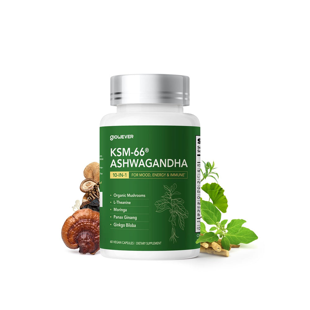 GlowEver bottle label showing KSM-66 Ashwagandha and mushroom complex