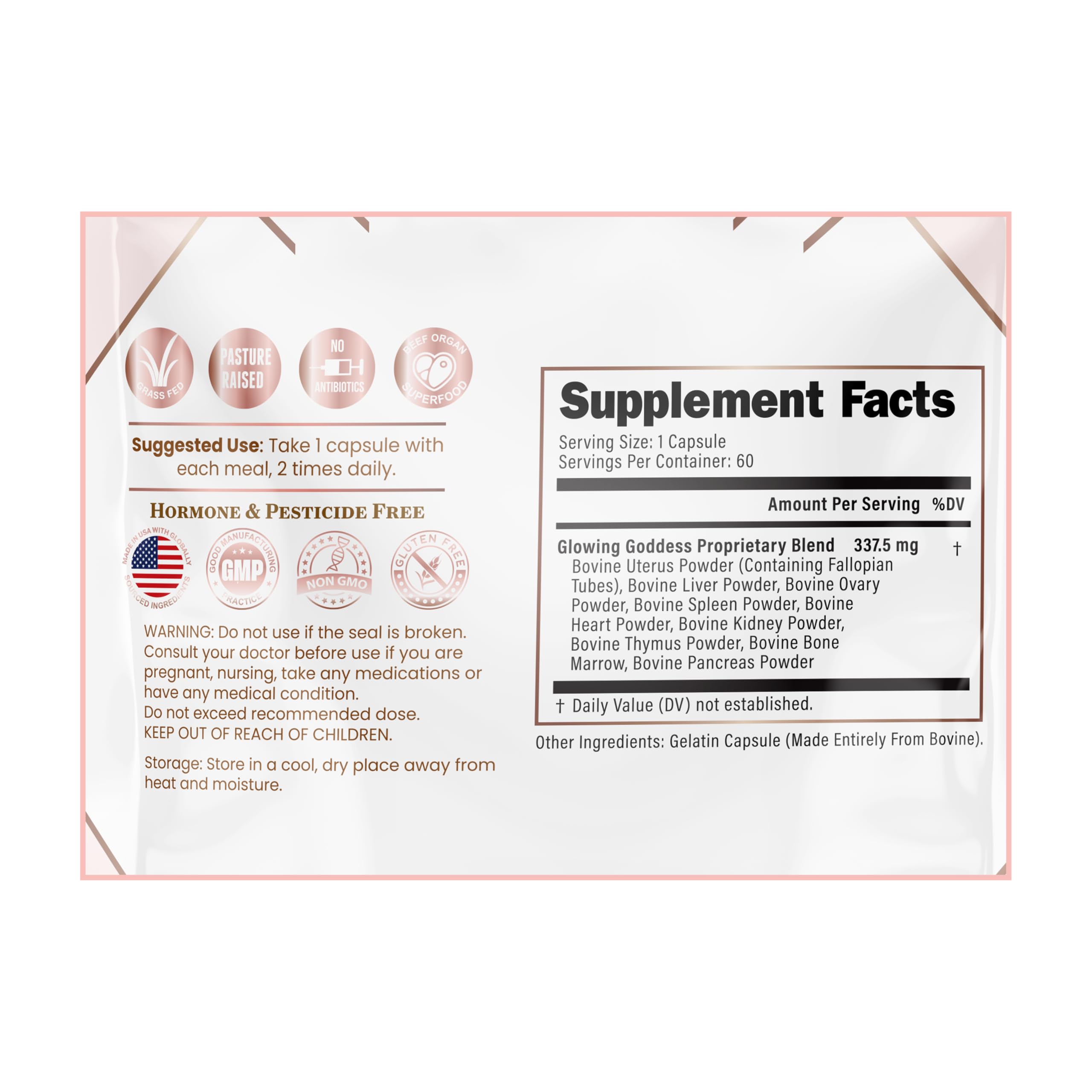 Capsules and ingredients display for Glowing Goddess beef organ supplement