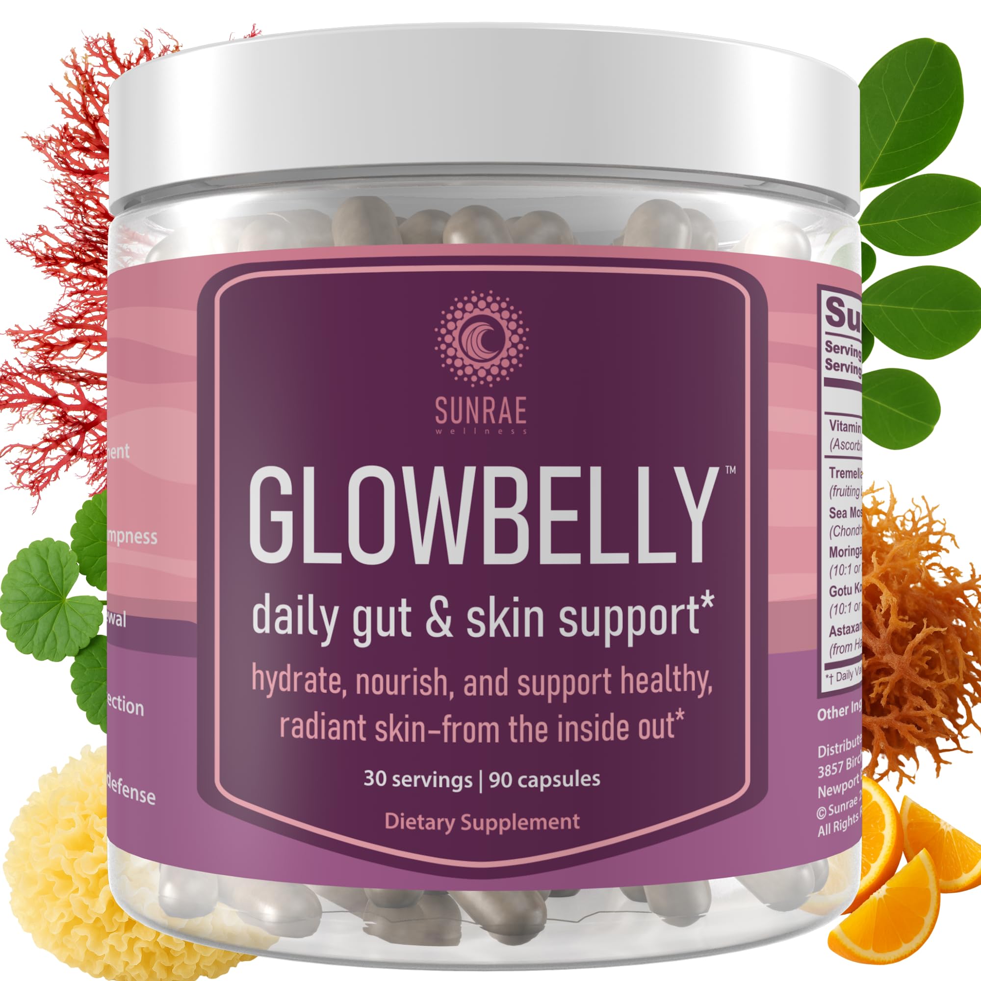 Front label of Glowing Skin Supplement bottle with 90 capsules