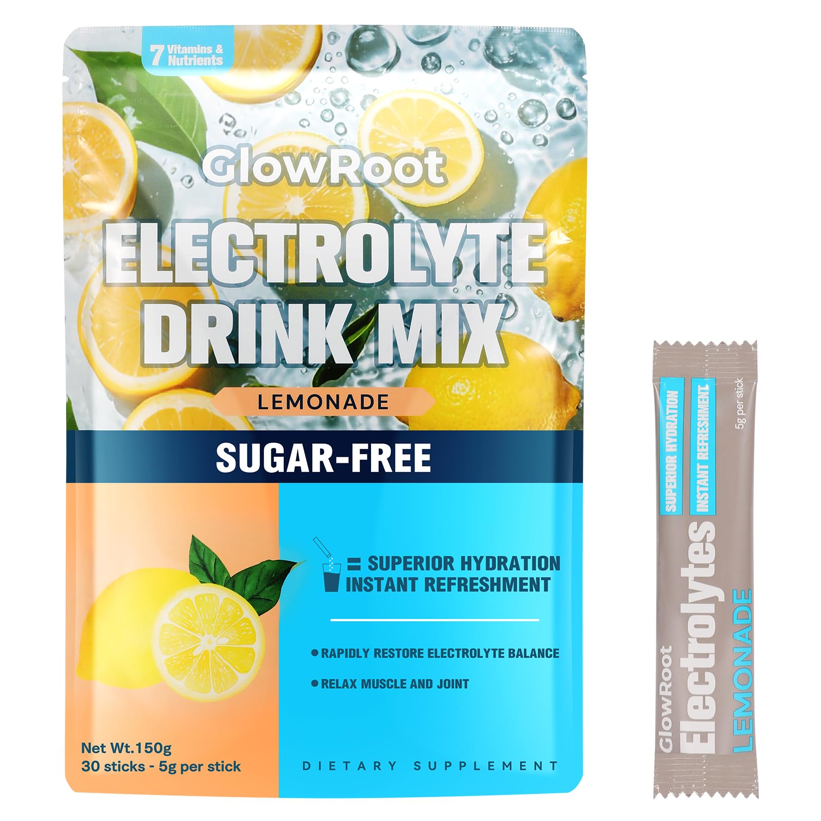 GlowRoot Lemonade Electrolyte Drink box and individual stickpacks