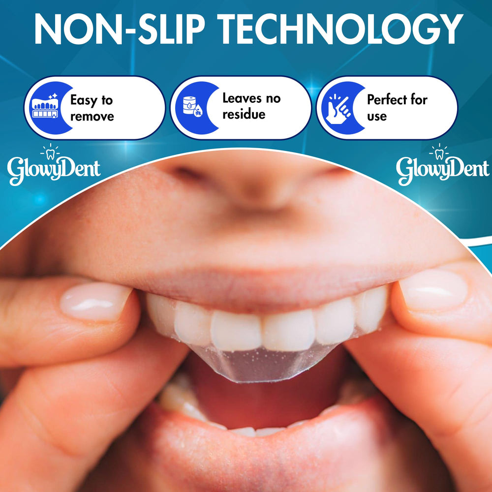 Whitening strips applied to upper and lower teeth