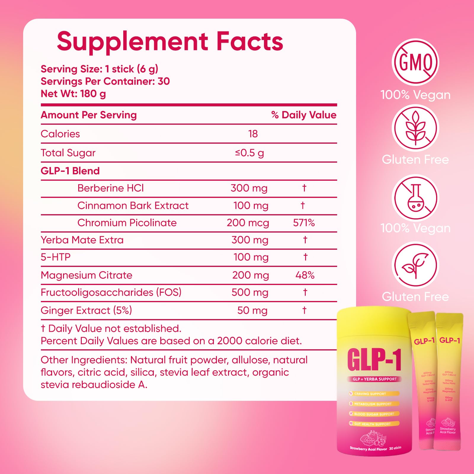 GLP-1 Drink Mix label highlighting vegan, non-GMO, sugar-free claims