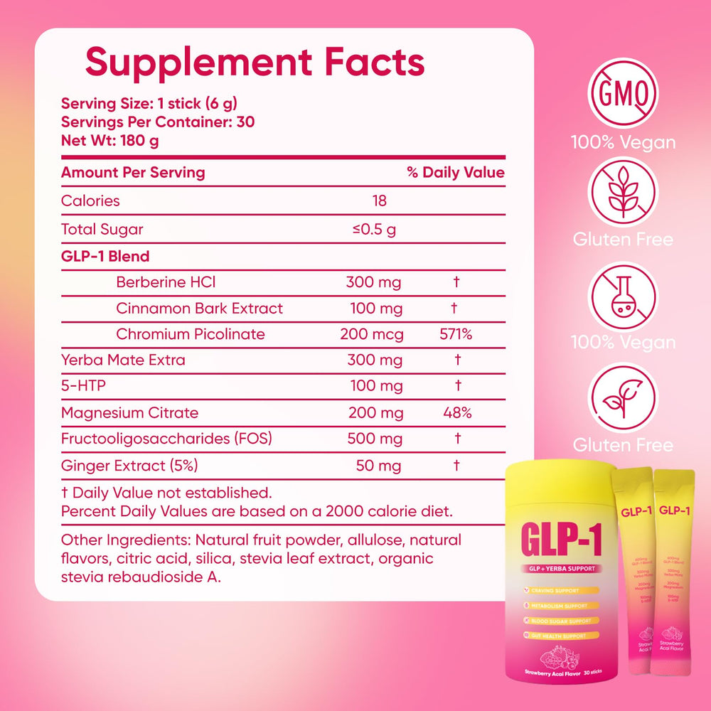 GLP-1 Drink Mix label highlighting vegan, non-GMO, sugar-free claims