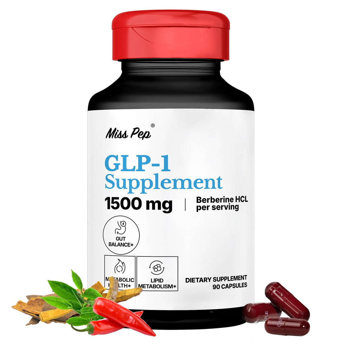 GLP-1 supplement bottle with berberine, cinnamon, green tea and cayenne ingredients