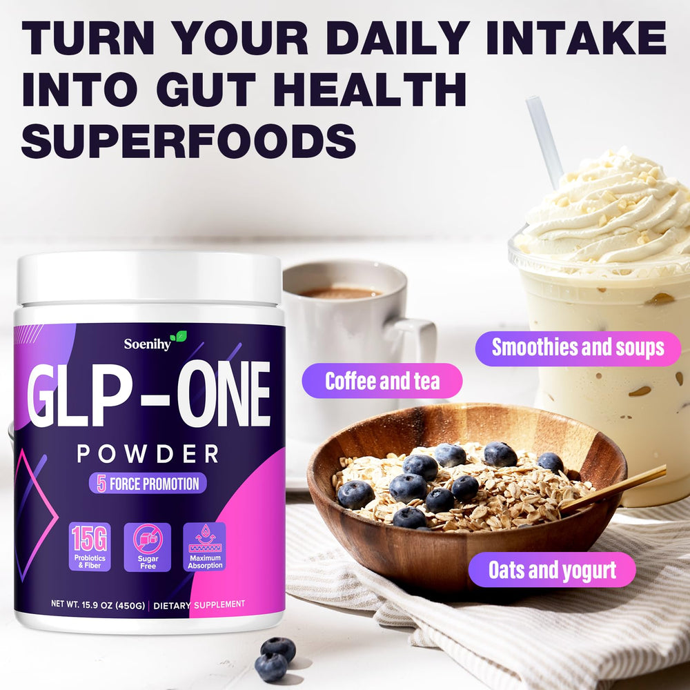Icons highlighting fiber, prebiotics, and Akkermansia probiotics