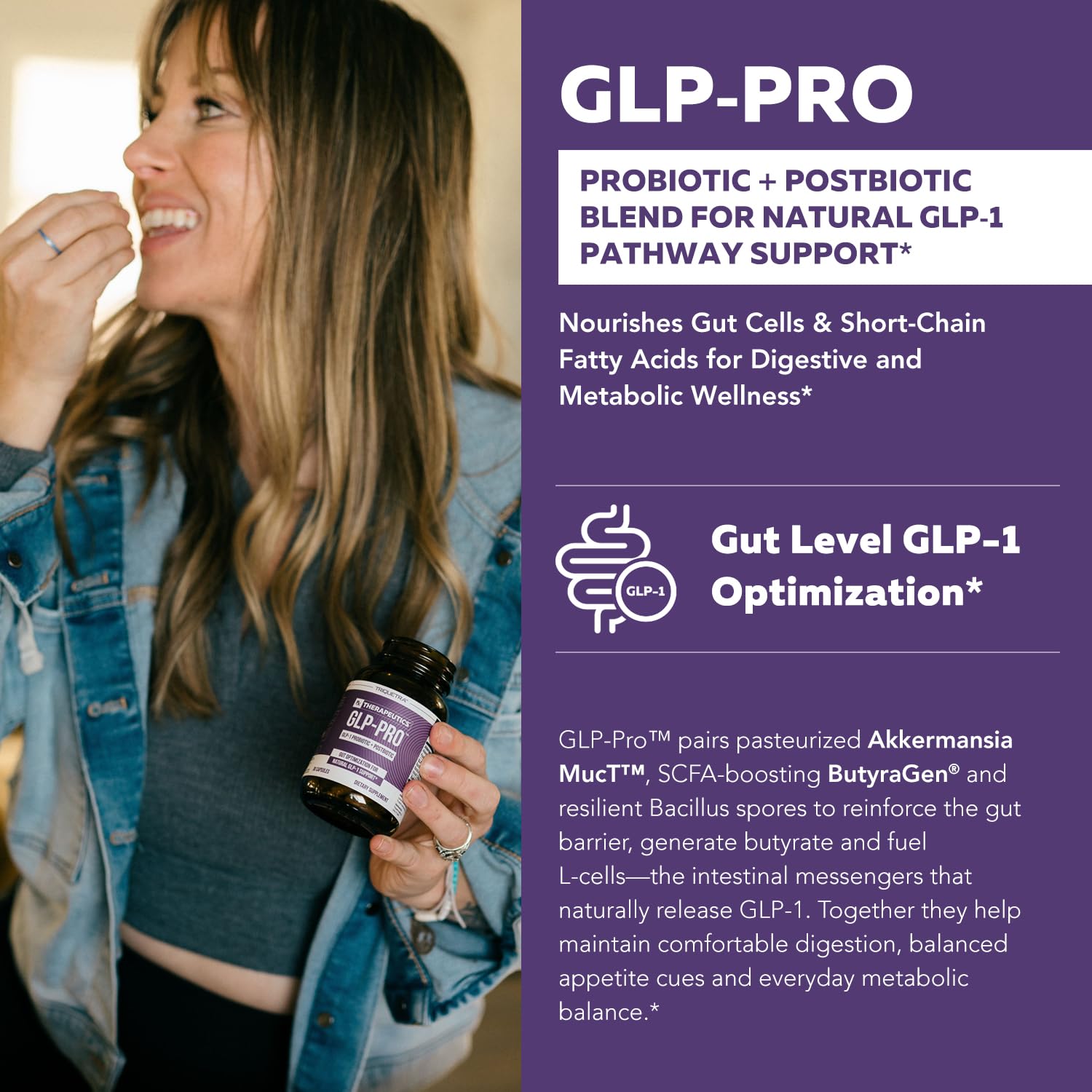Close-up of GLP-Pro capsules and ingredients including Akkermansia and ButyraGen