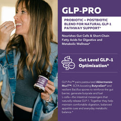 Close-up of GLP-Pro capsules and ingredients including Akkermansia and ButyraGen
