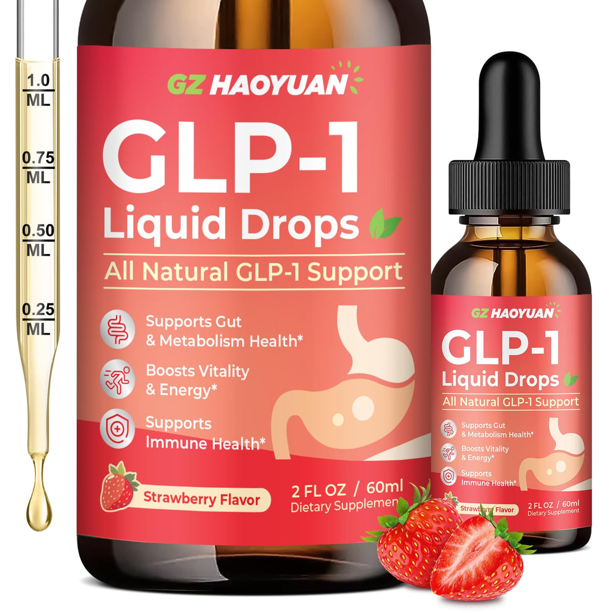 GLP-1 liquid drops bottle showing berberine, cinnamon, green tea and resveratrol ingredients