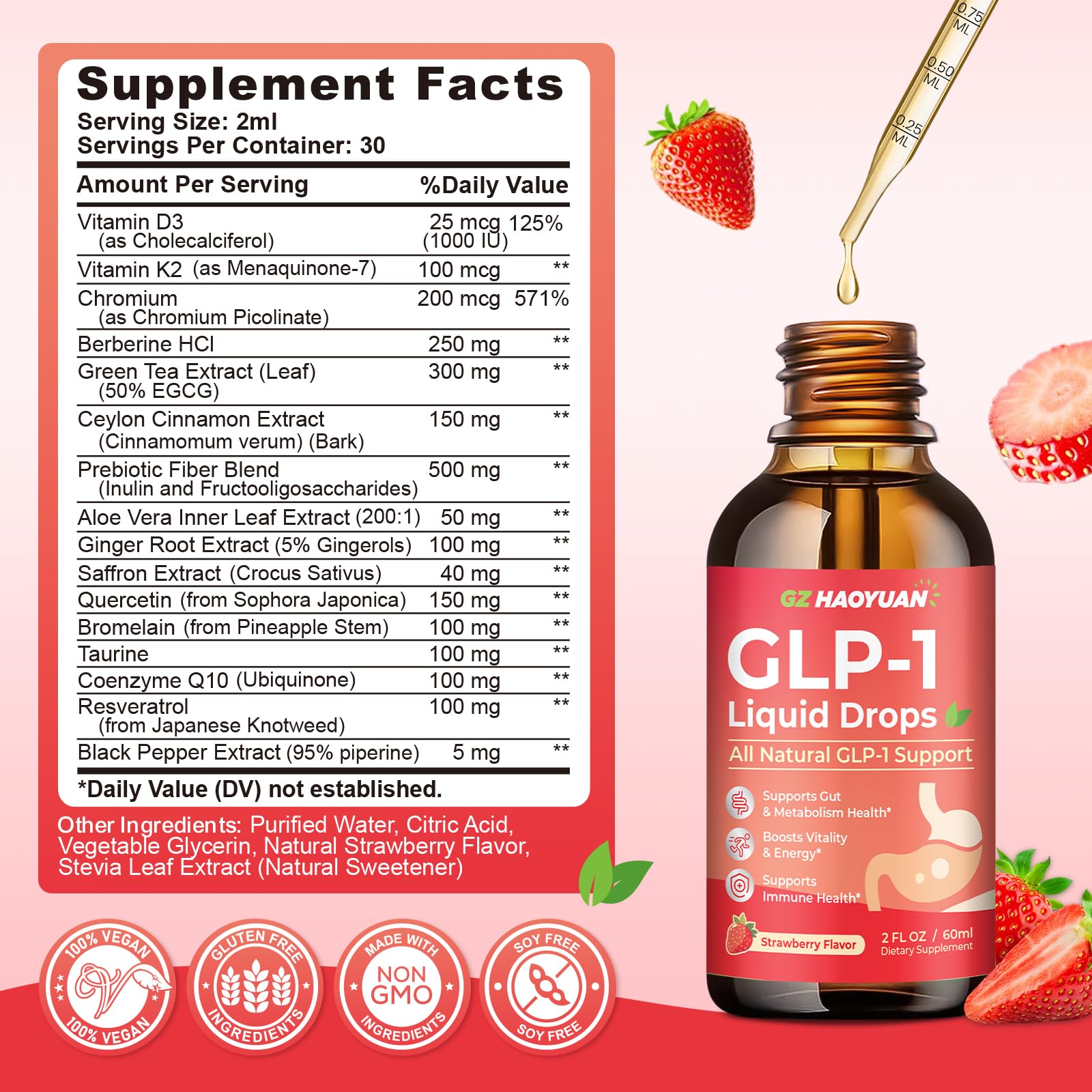 Strawberry-flavored GLP-1 liquid drops in a 2 oz bottle