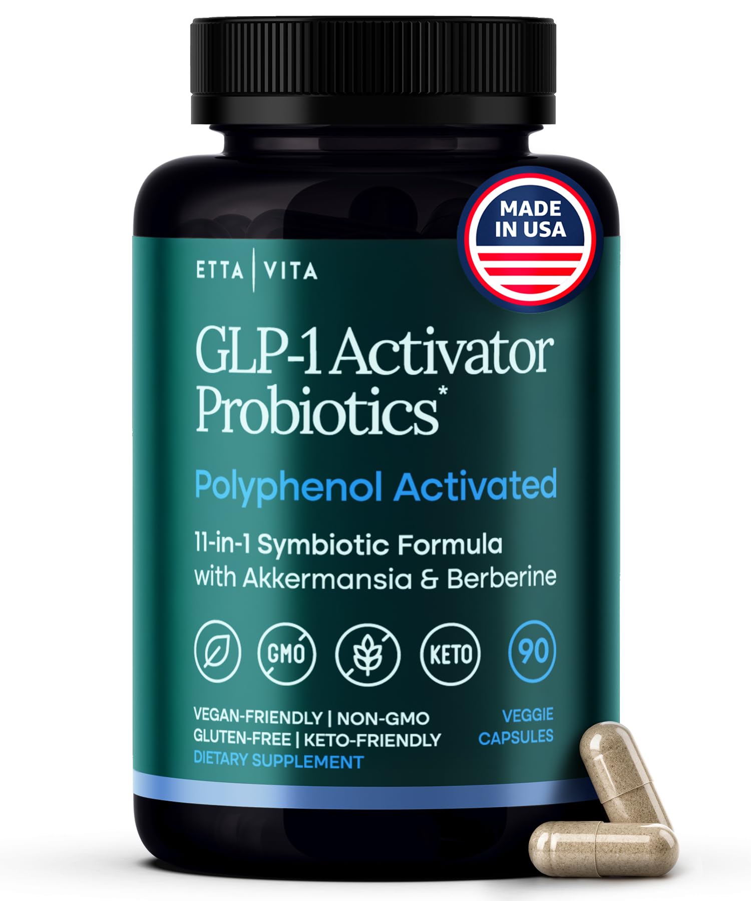 Bottle of GLP-1 weight loss supplement highlighting Akkermansia and Inulin ingredients