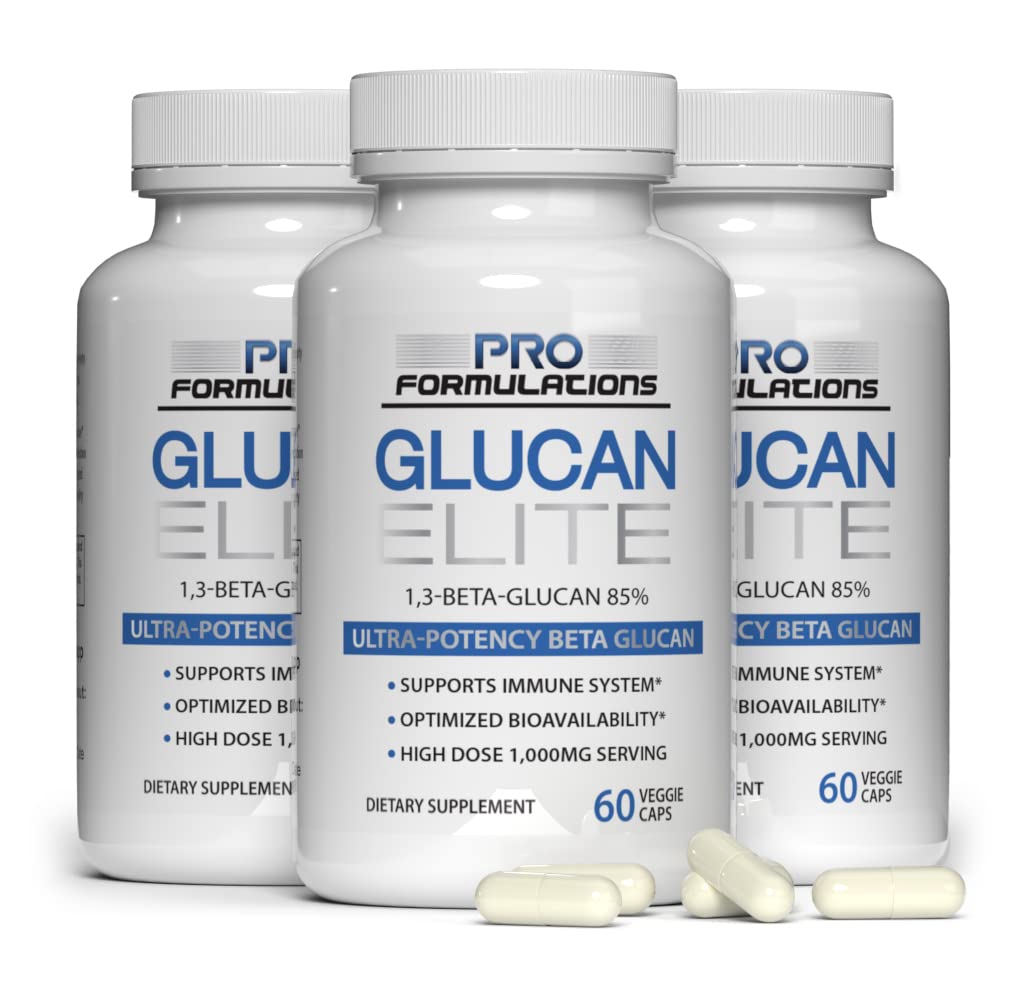 Glucan Elite bottle label showing 85% Beta 1,3D Glucan 500mg per capsule