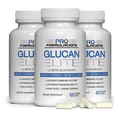 Glucan Elite bottle label showing 85% Beta 1,3D Glucan 500mg per capsule