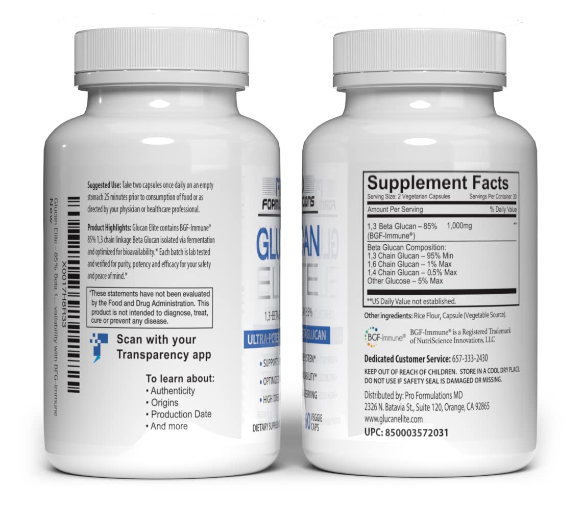 Glucan Elite bottle side view with supplement facts