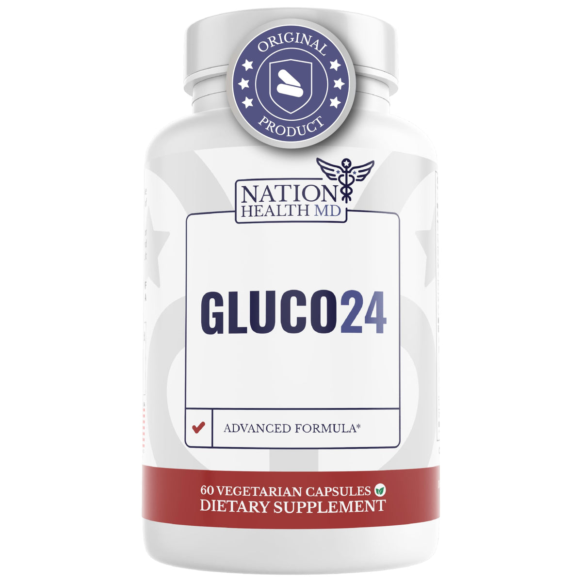 Gluco24 bottle highlighting cinnamon and taurine for energy support