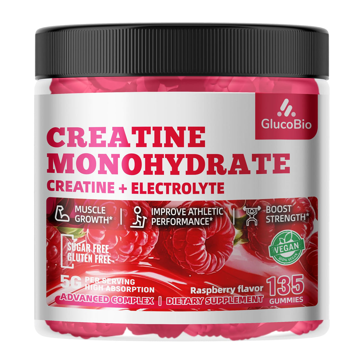 GlucoBio Creatine Monohydrate Gummies bottle with Raspberry Electrolyte flavor