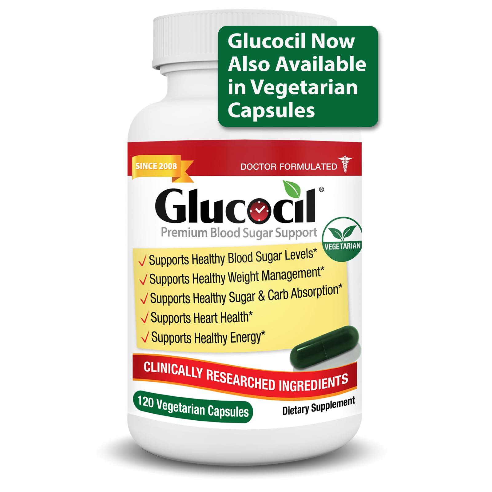 Glucocil bottle with label – new vegetarian capsules