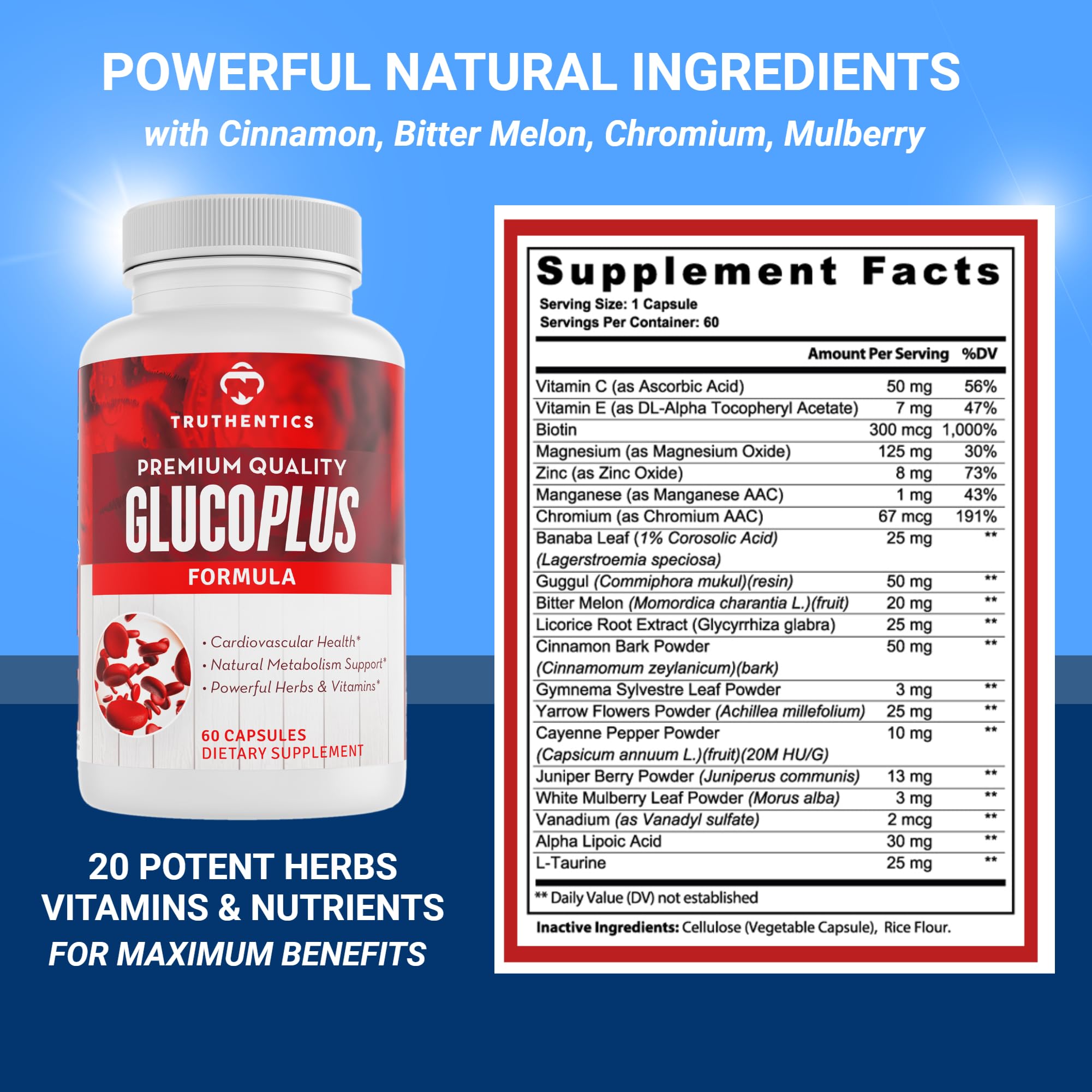 GlucoPlus bottle ingredients: 20 herbs, vitamins and minerals