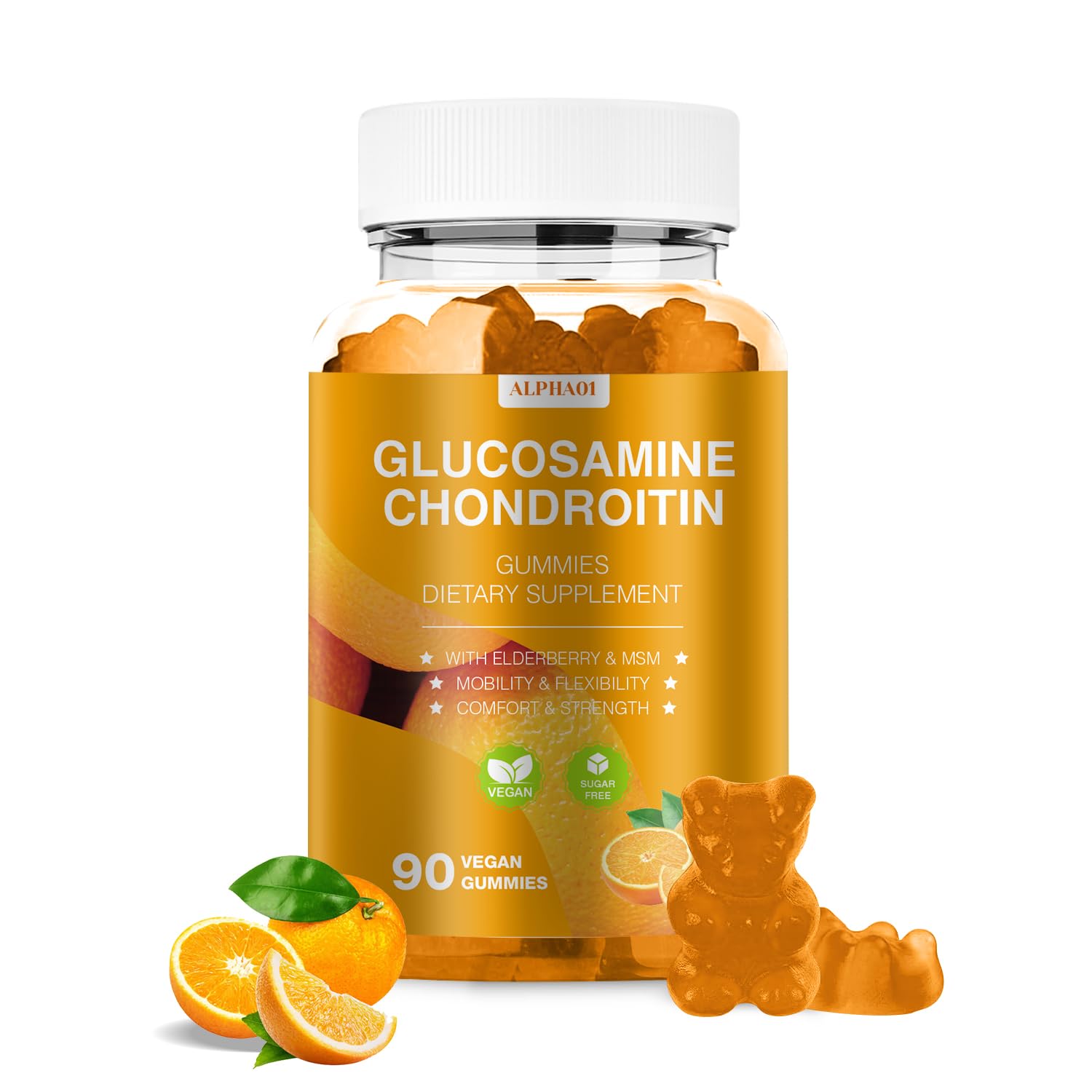 Bottle of Glucosamine Chondroitin Gummies 3000mg with elderberry, orange flavor