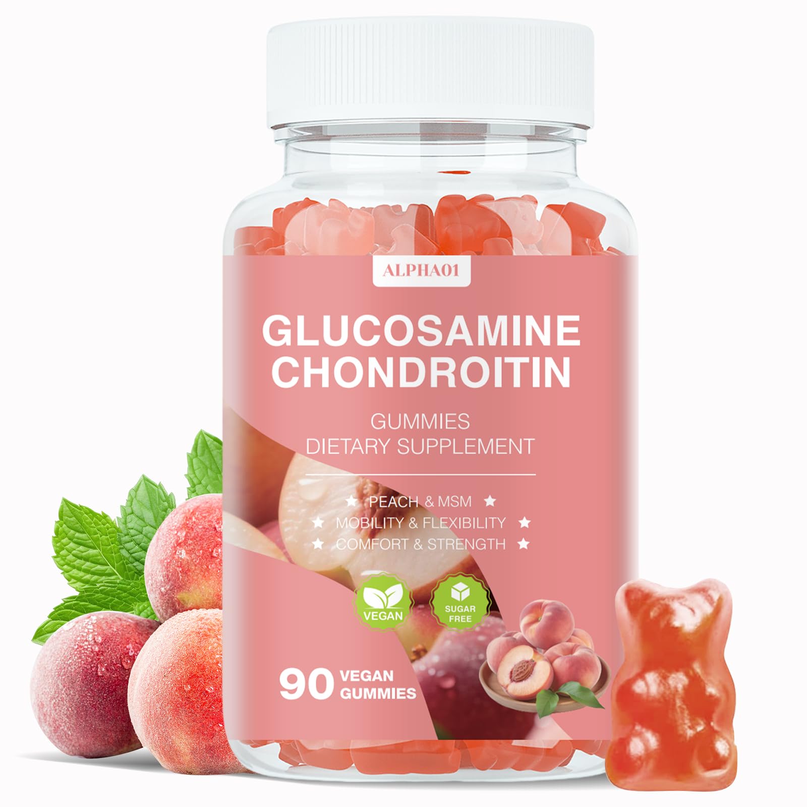 Glucosamine Chondroitin Gummies bottle with 90 peach gummies