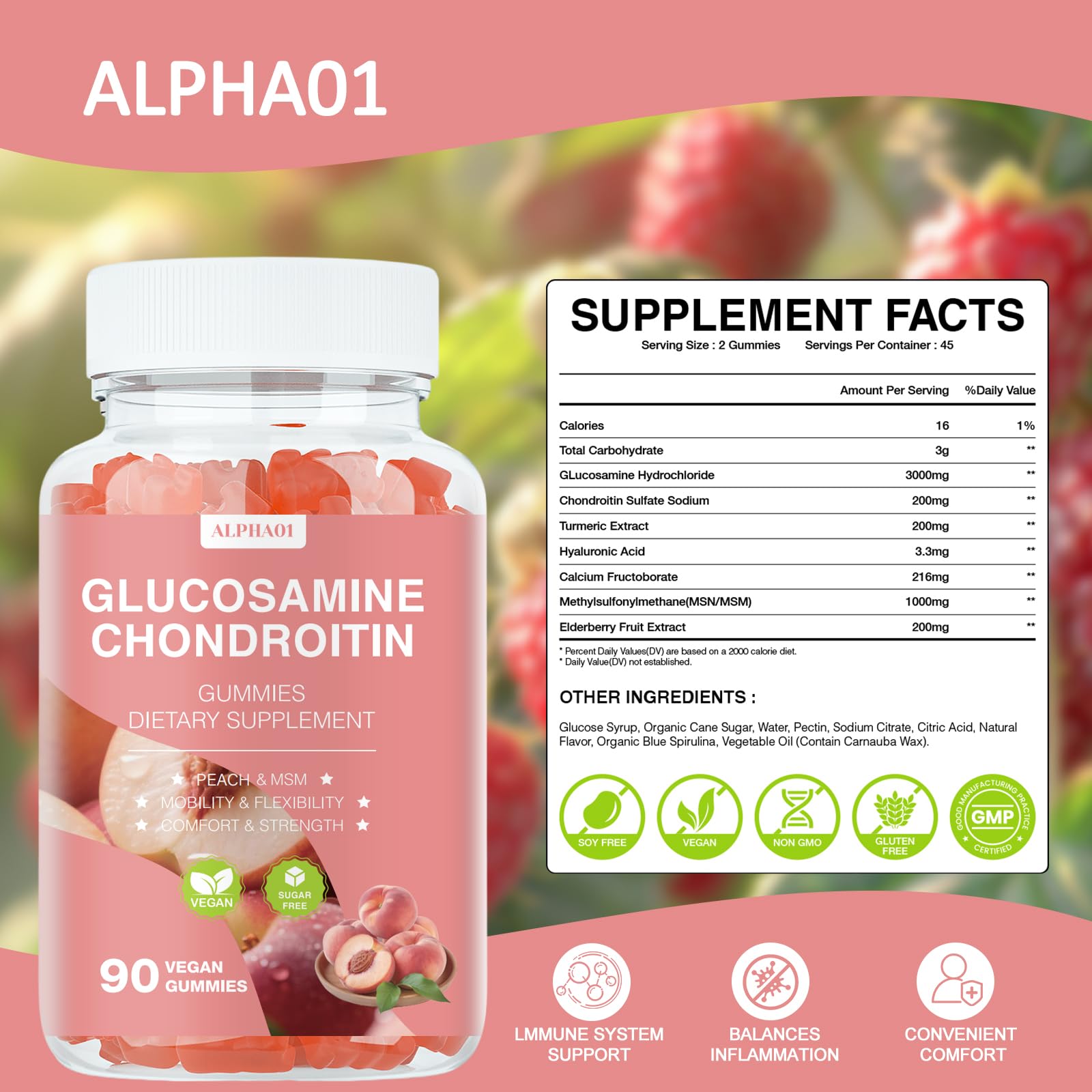 Close-up of peach-flavored gummies shaped for joint support