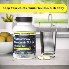 Close-up of Glucosamine, Chondroitin, and MSM capsules in bottle