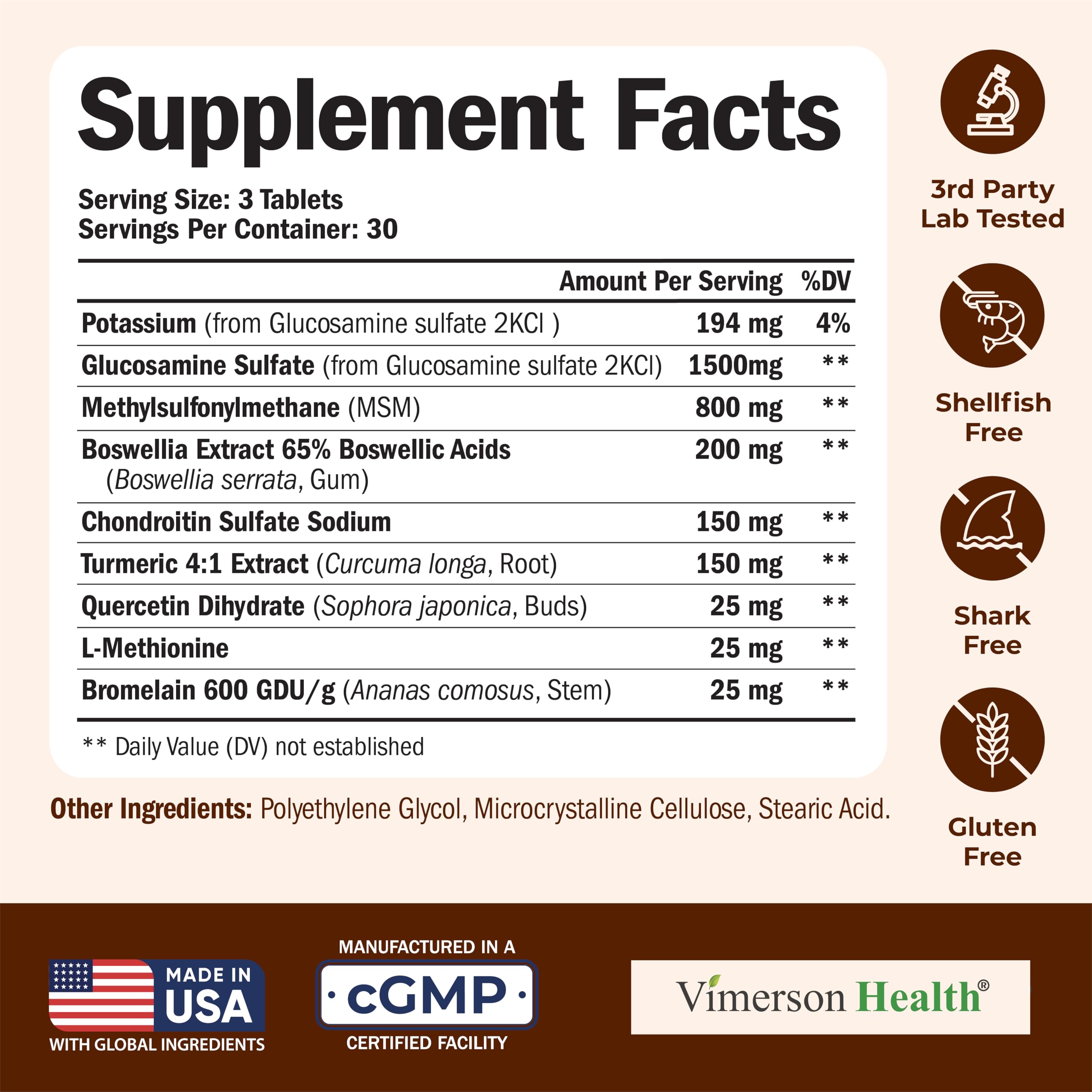 Ingredients panel showing glucosamine sulfate 1500 mg and other components