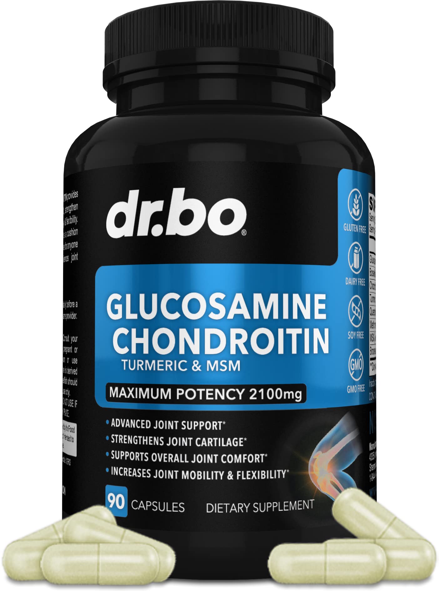 Bottle of Glucosamine Chondroitin MSM Turmeric joint health supplement