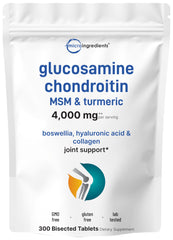 Bottle showing Glucosamine Chondroitin MSM Turmeric 4,000mg with 300 bisected tablets.