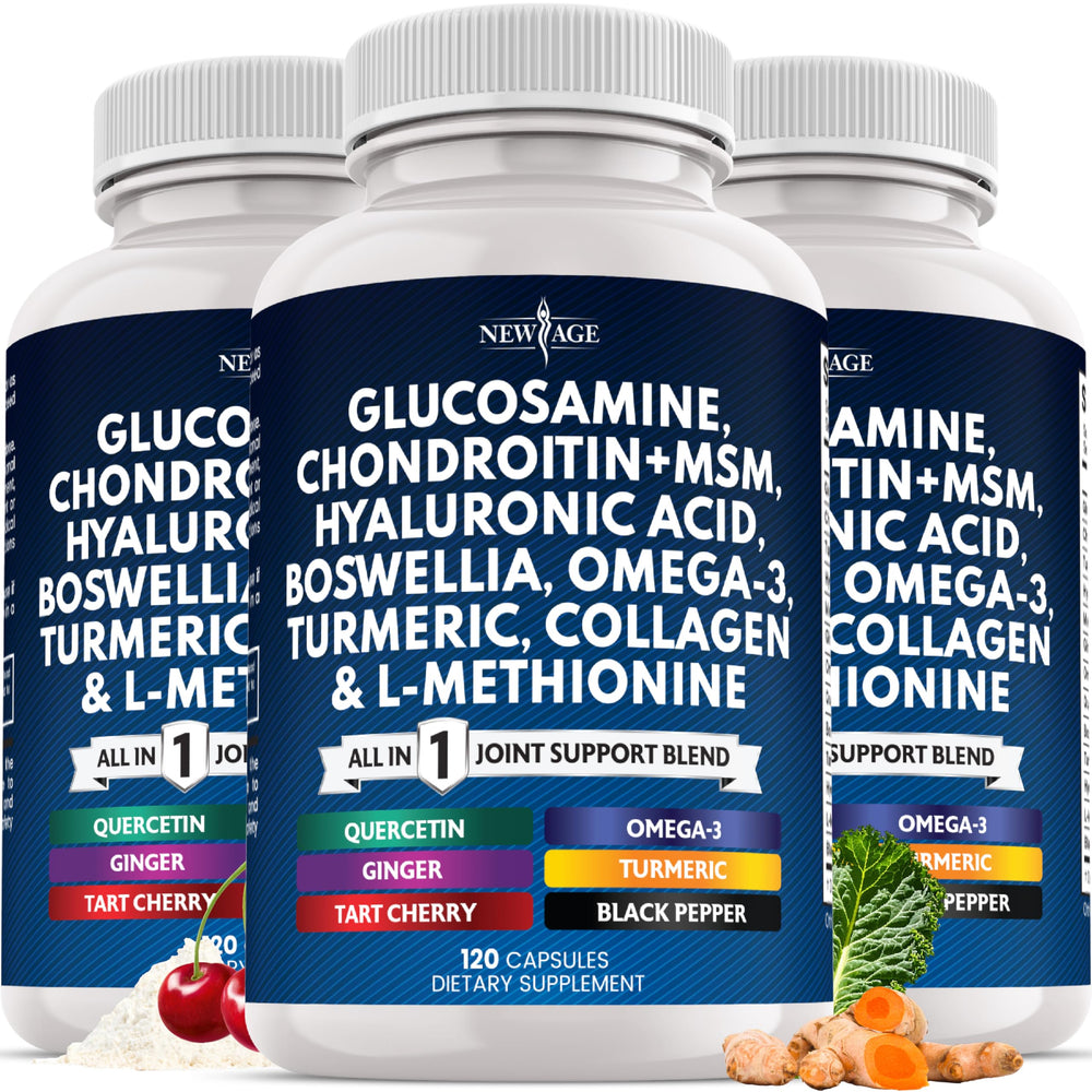 Main product image showing glucosamine, chondroitin, MSM, turmeric, collagen, hyaluronic acid, and omega-3