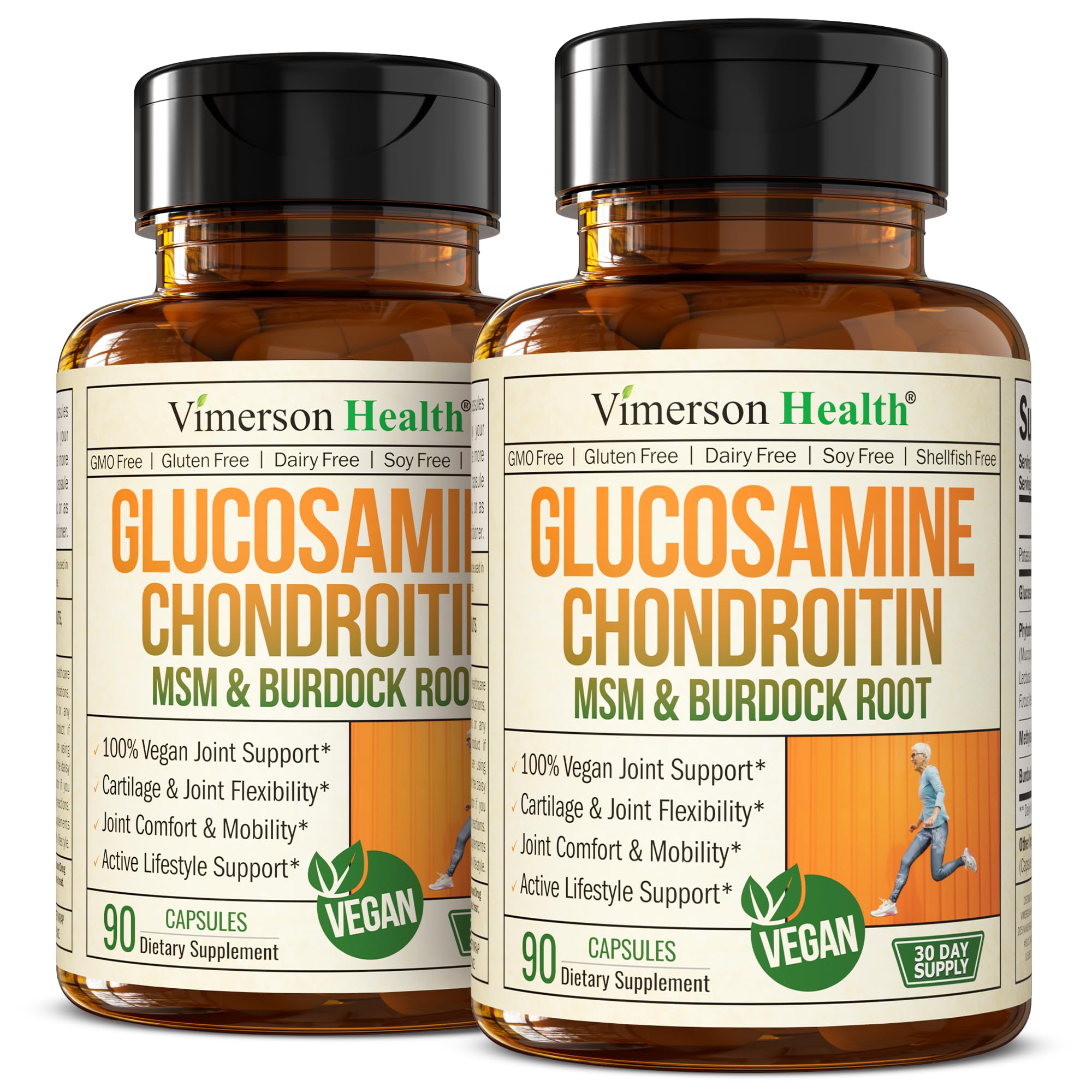 Vegan glucosamine chondroitin MSM 2 pack bottle and capsules