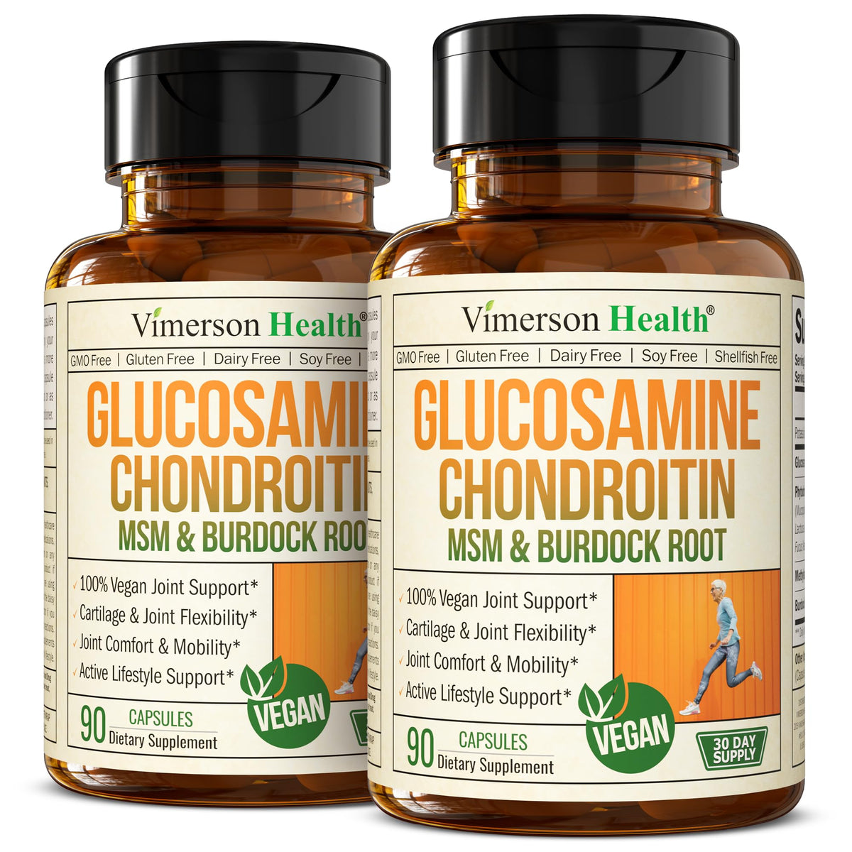 Vegan glucosamine chondroitin MSM 2 pack bottle and capsules