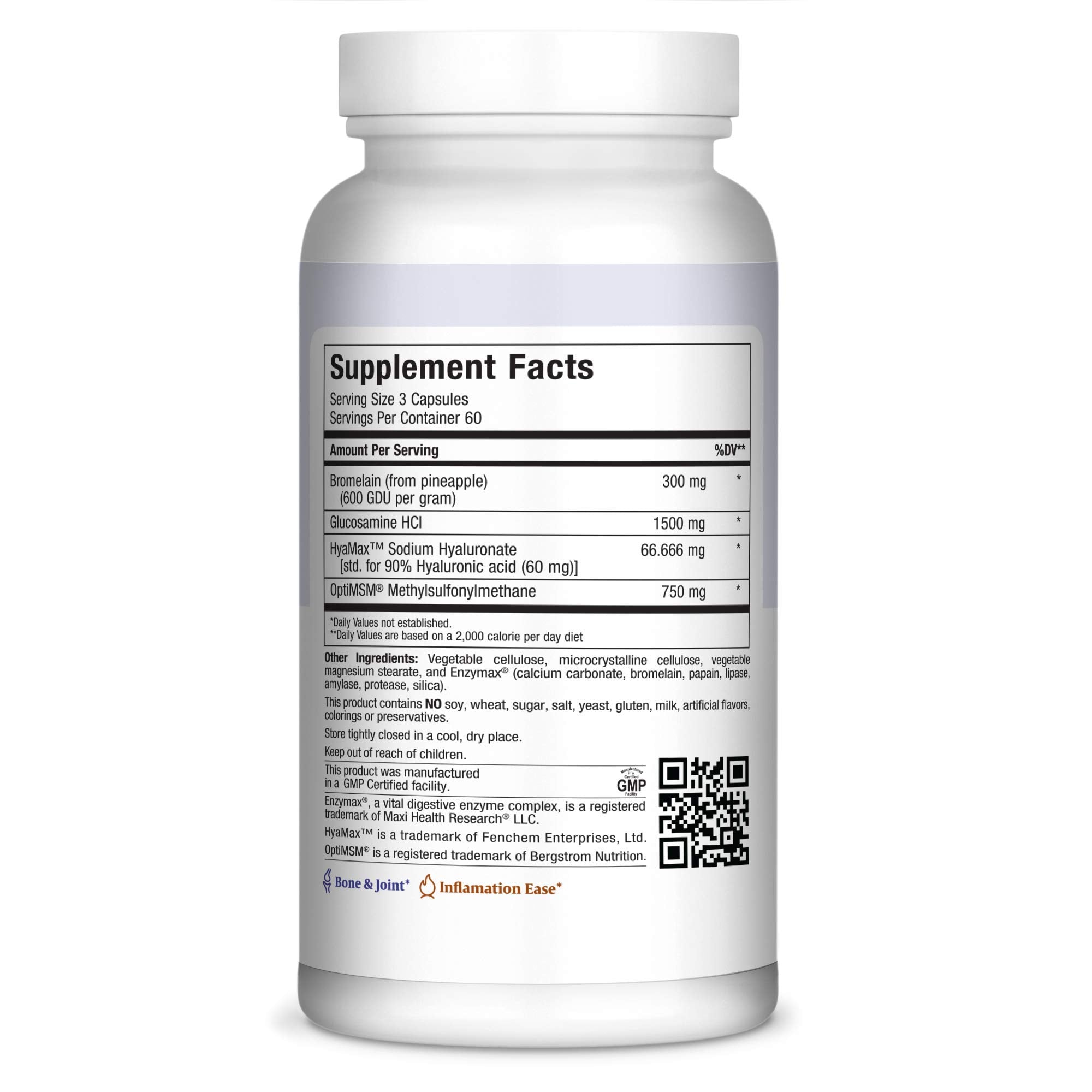 Supplement facts panel showing Glucosamine HCl, MSM, Hyaluronic Acid and Bromelain