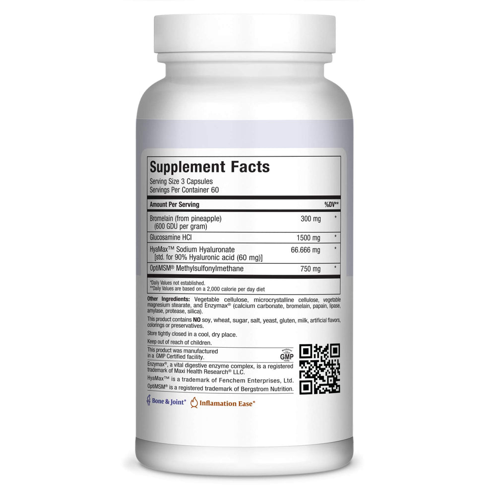 Supplement facts panel showing Glucosamine HCl, MSM, Hyaluronic Acid and Bromelain