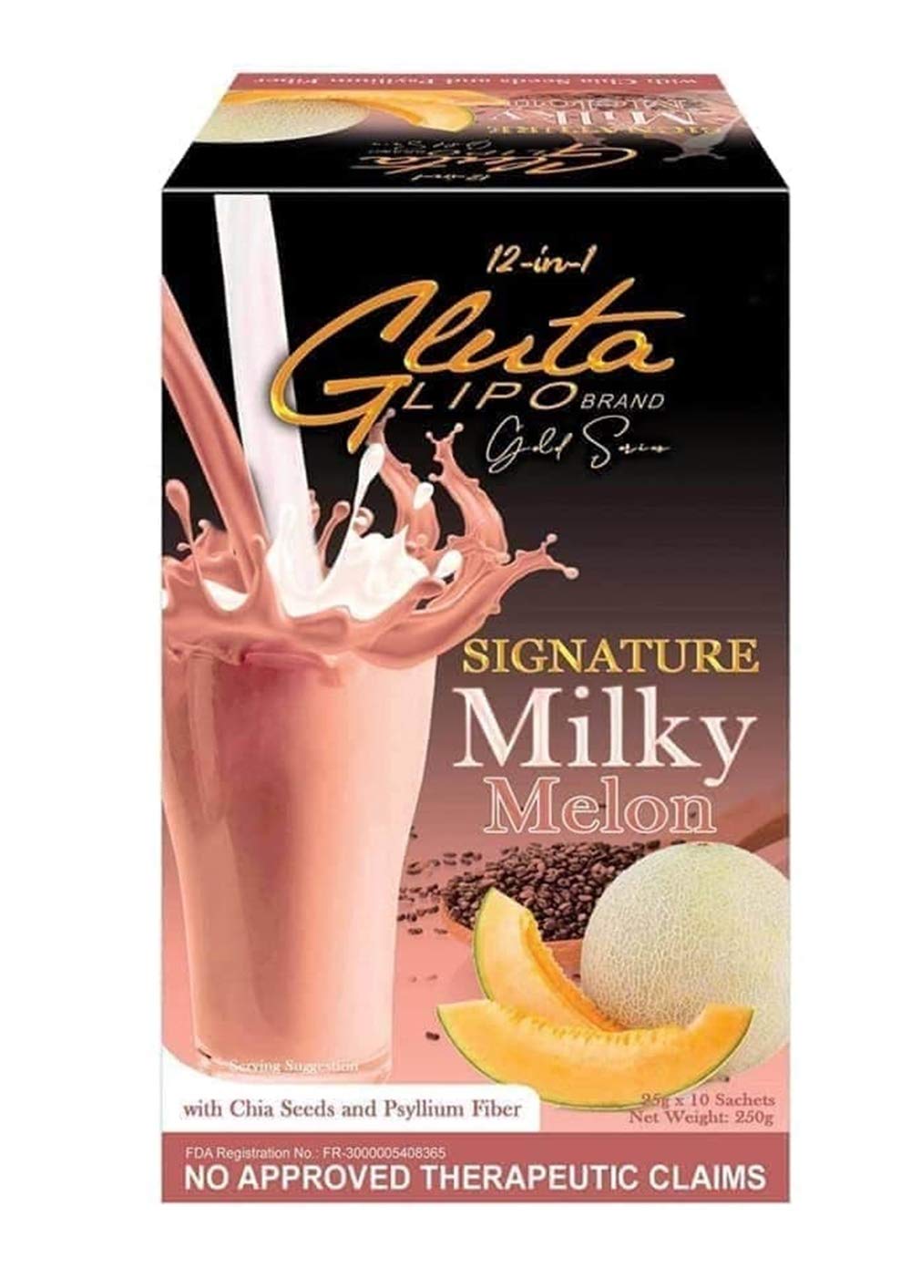 12 in 1 Gluta Lipo Gold Series Milky Melon box front with 10 sachets