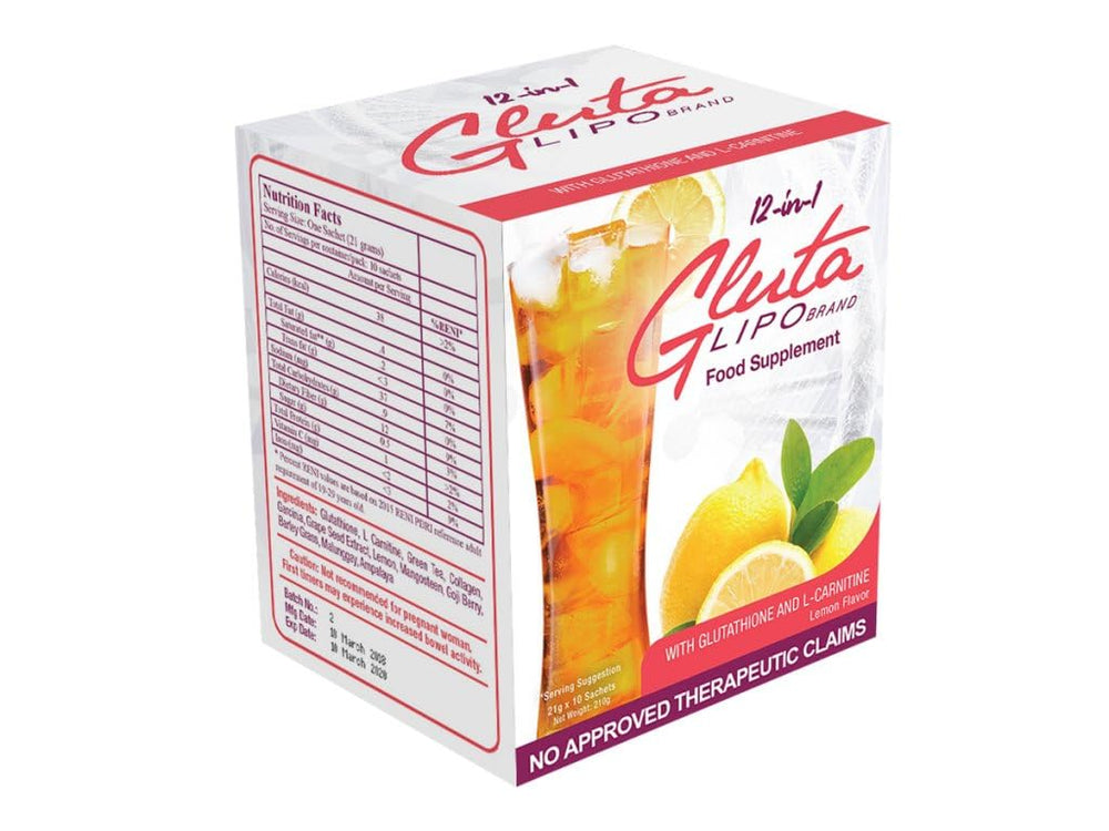 GlutaLipo 12-IN-1 Lemon Flavor packaging with 10 sachets