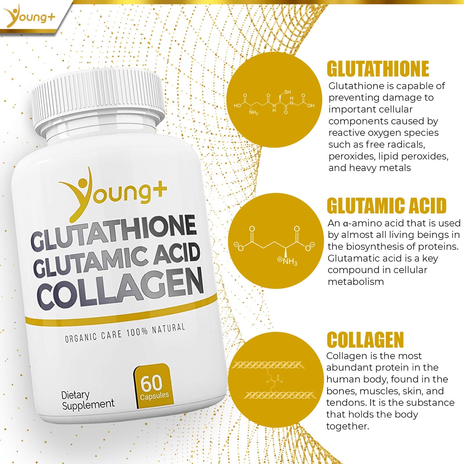Graphic illustrating glutathione, collagen, and glutamic acid
