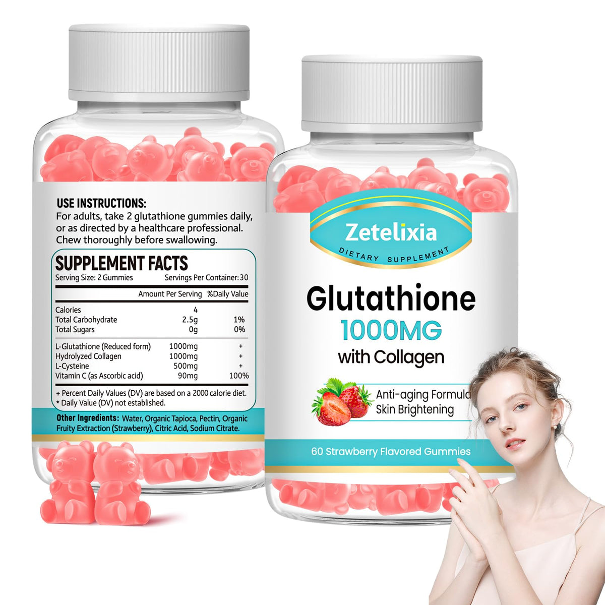 Two bottles of Glutathione Collagen Gummies Strawberry flavor