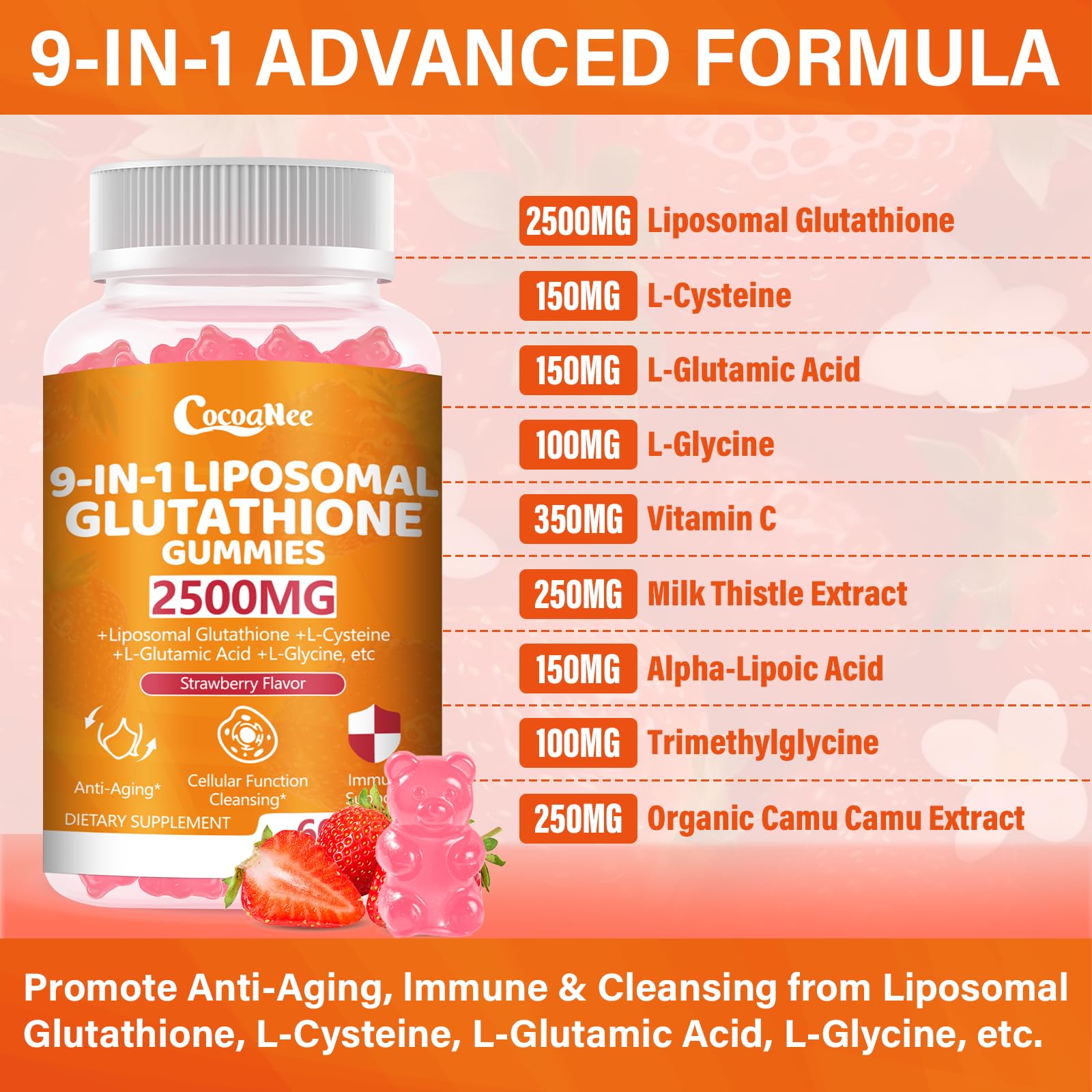 Ingredients panel showing L-Cysteine and Milk Thistle with Vitamin C