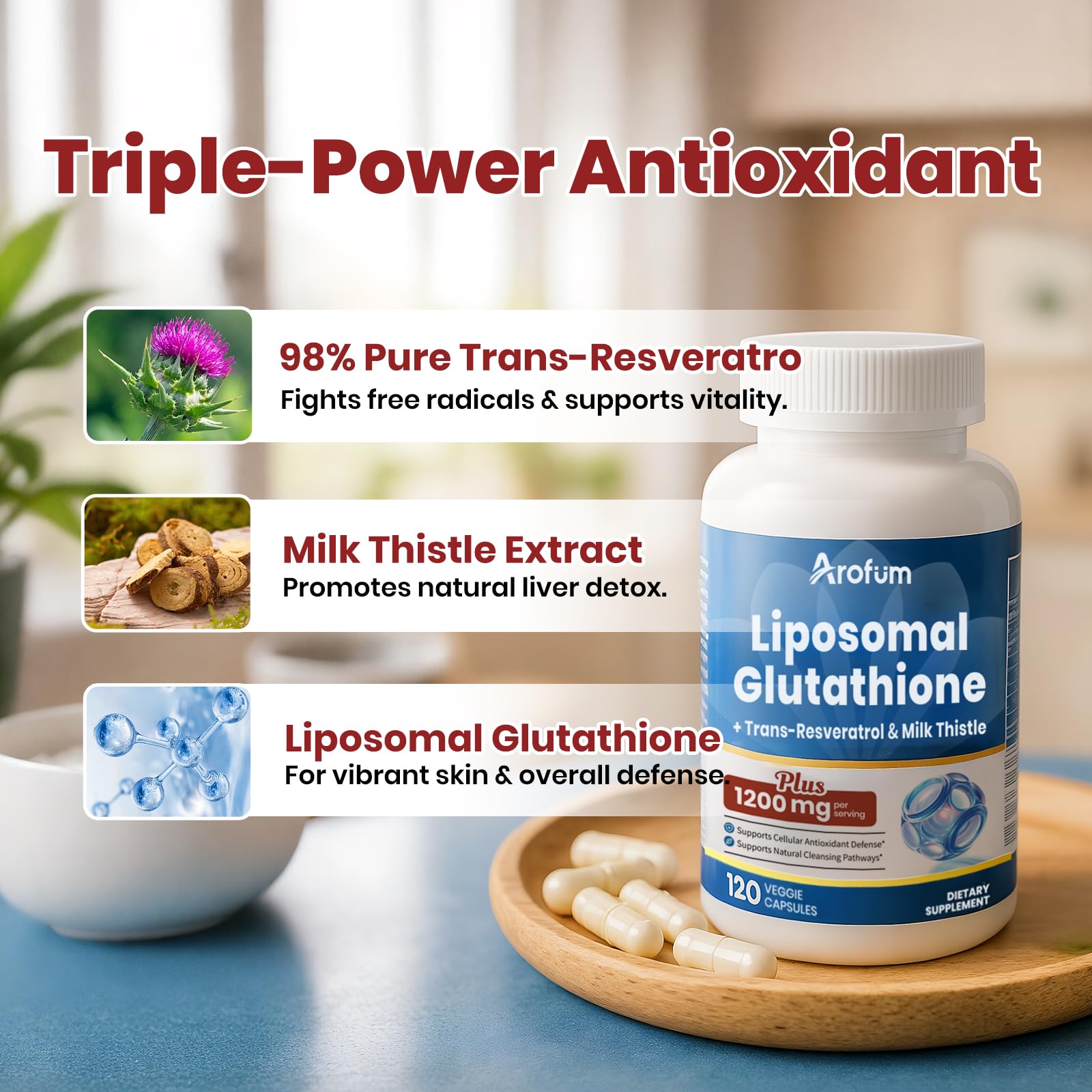 Ingredients showing glutathione, resveratrol, and milk thistle