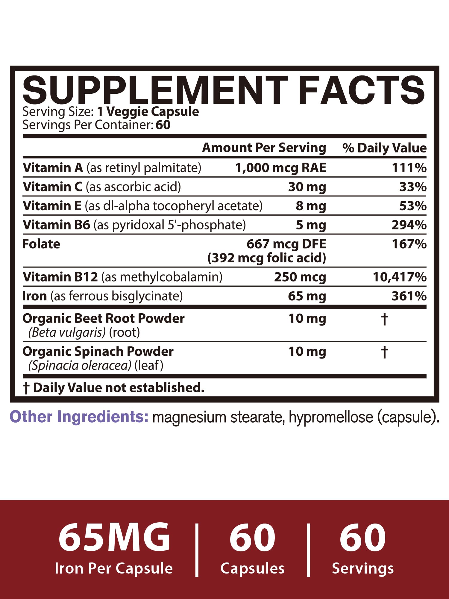 Non-GMO, gluten-free and dairy-free iron supplement packaging