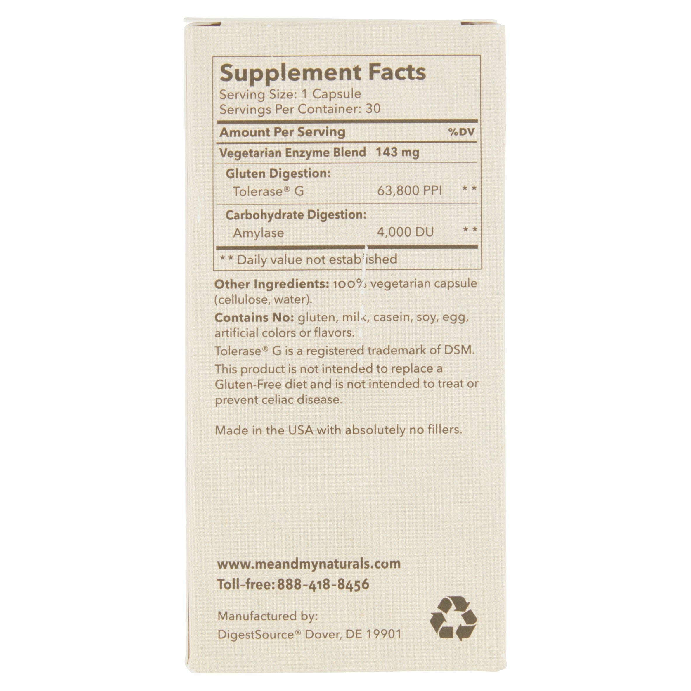 Gluten-digestion enzyme capsules showing amylase and related enzymes