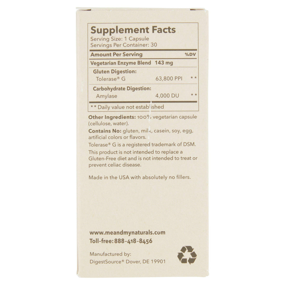 Gluten-digestion enzyme capsules showing amylase and related enzymes