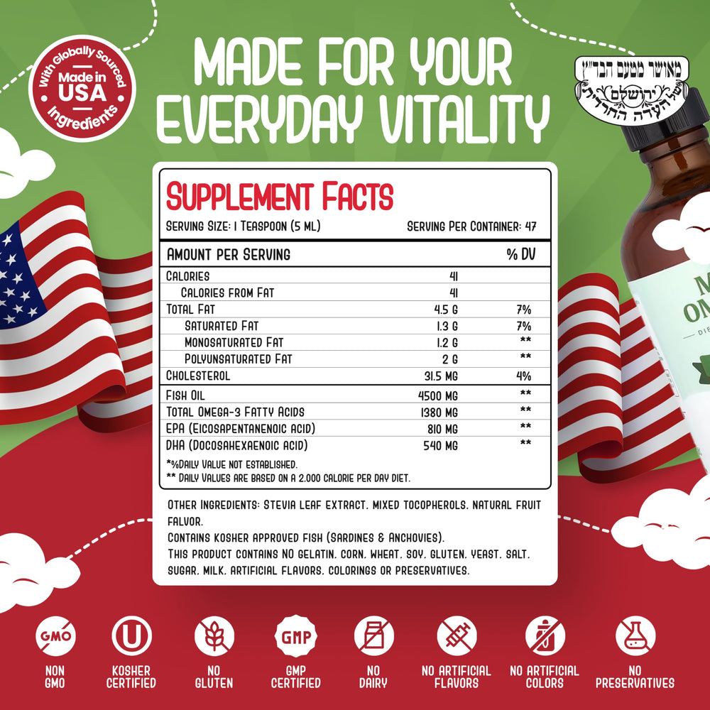 Gluten-free and artificial additives-free label on omega-3 bottle