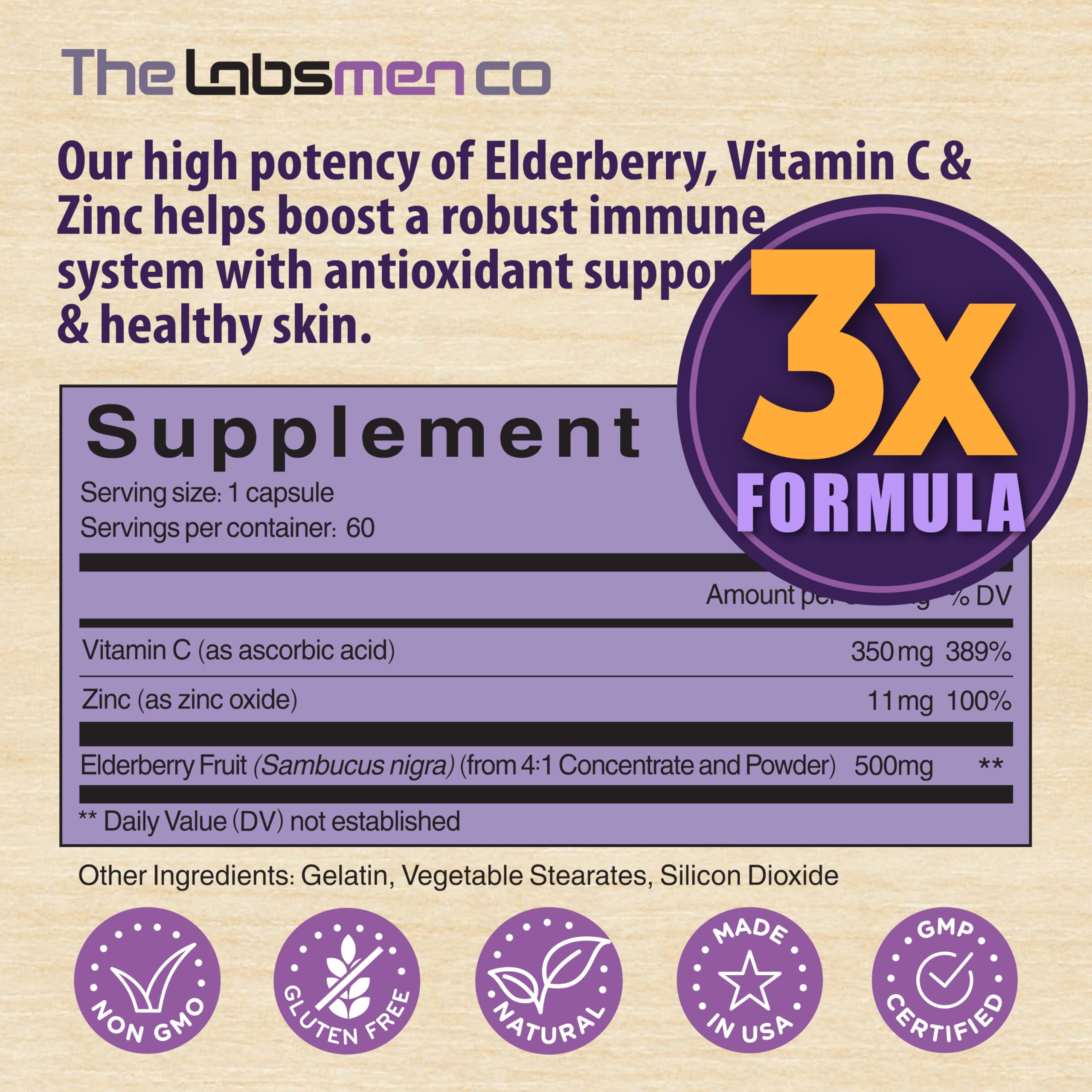 Gluten-free, non-GMO, allergen-free label on elderberry supplement