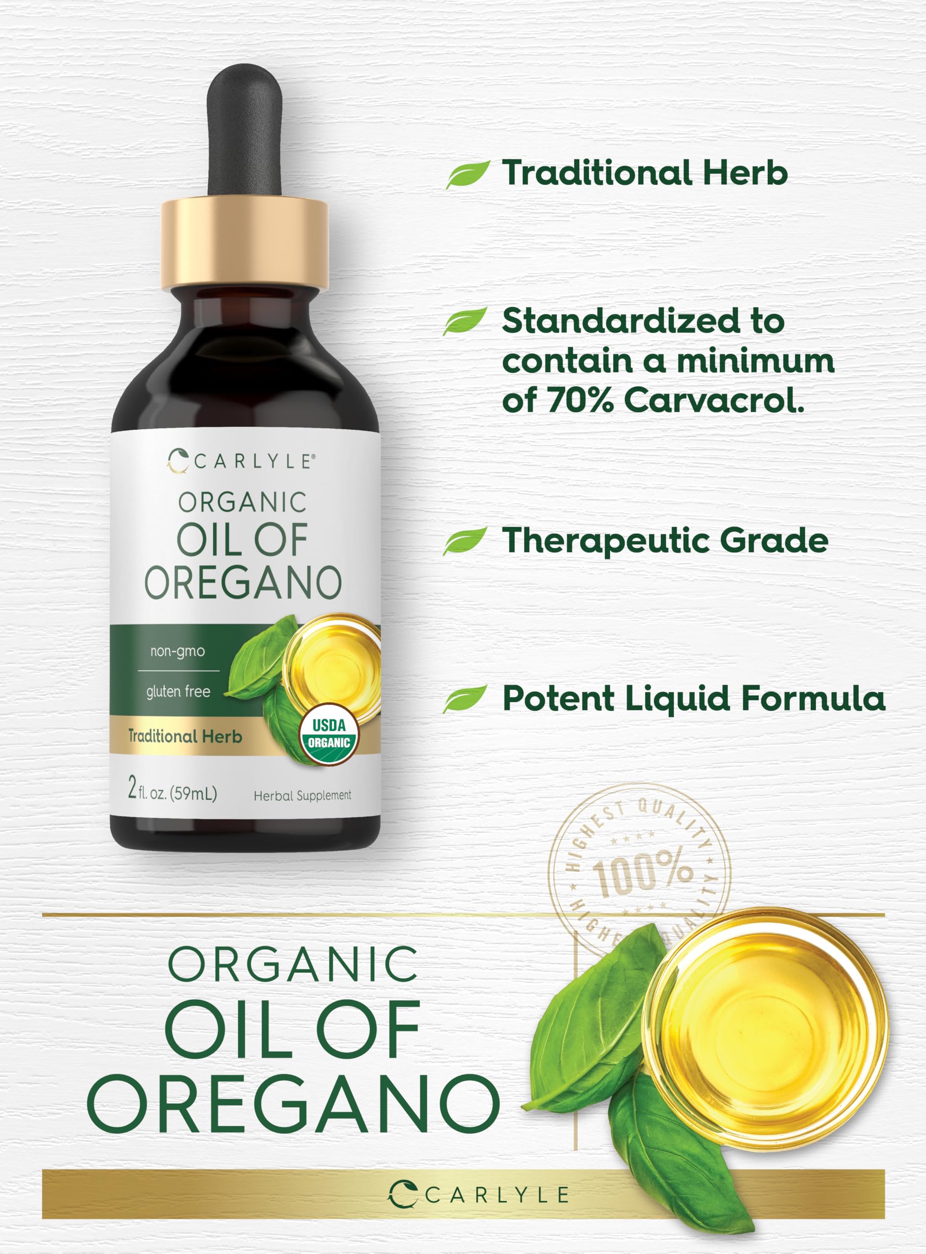 Gluten-free and Non-GMO badge for Carlyle oregano drops